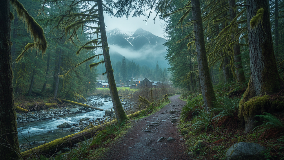 Eye-level view of a misty forest trail in the Pacific Northwest