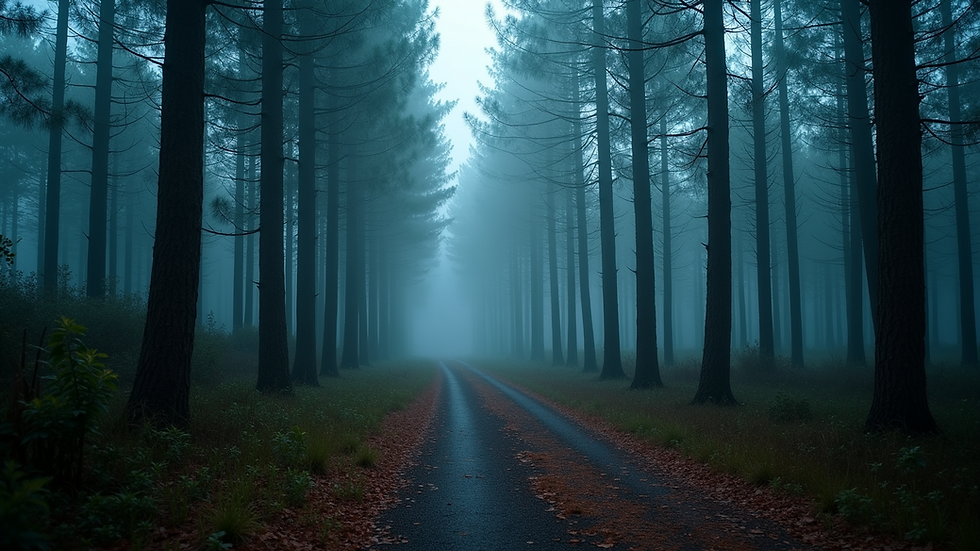 Eye-level view of a foggy forest path winding through tall pine trees