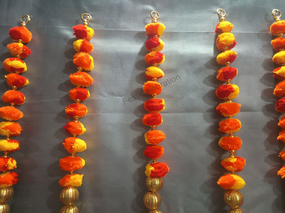 Thumbnail: Artificial Marigold Flower Decorative Hanging Strings with Golden Bells