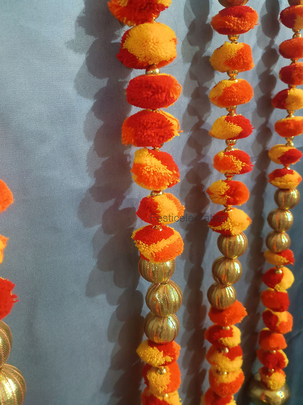 Thumbnail: Artificial Marigold Flower Decorative Hanging Strings with Golden Bells