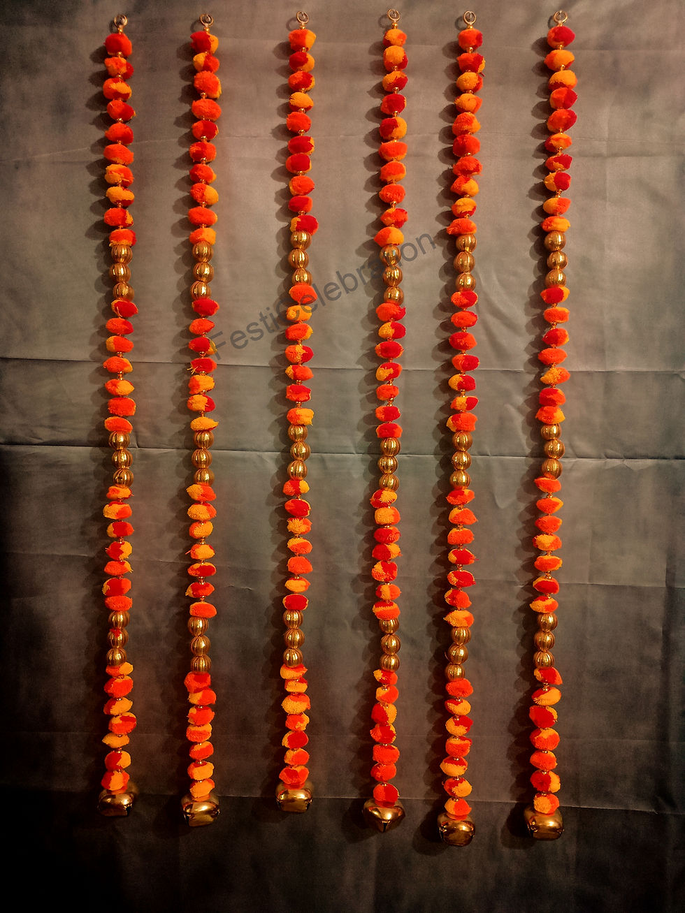 Artificial Marigold Flower Decorative Hanging Strings with Golden Bells
