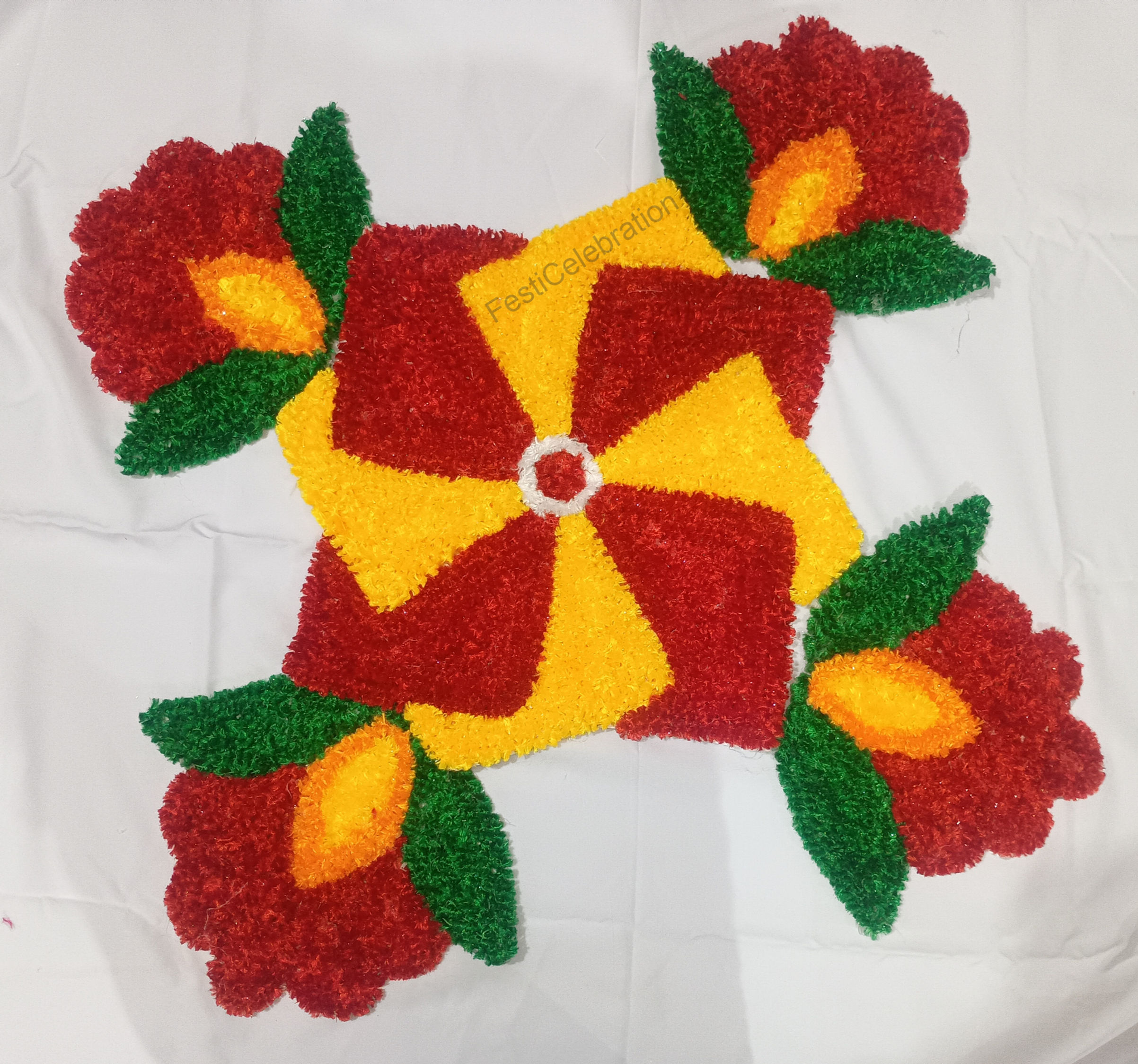 Handcrafted Floral Star Rangoli with Lotus Corners – Festive Floor Decoration