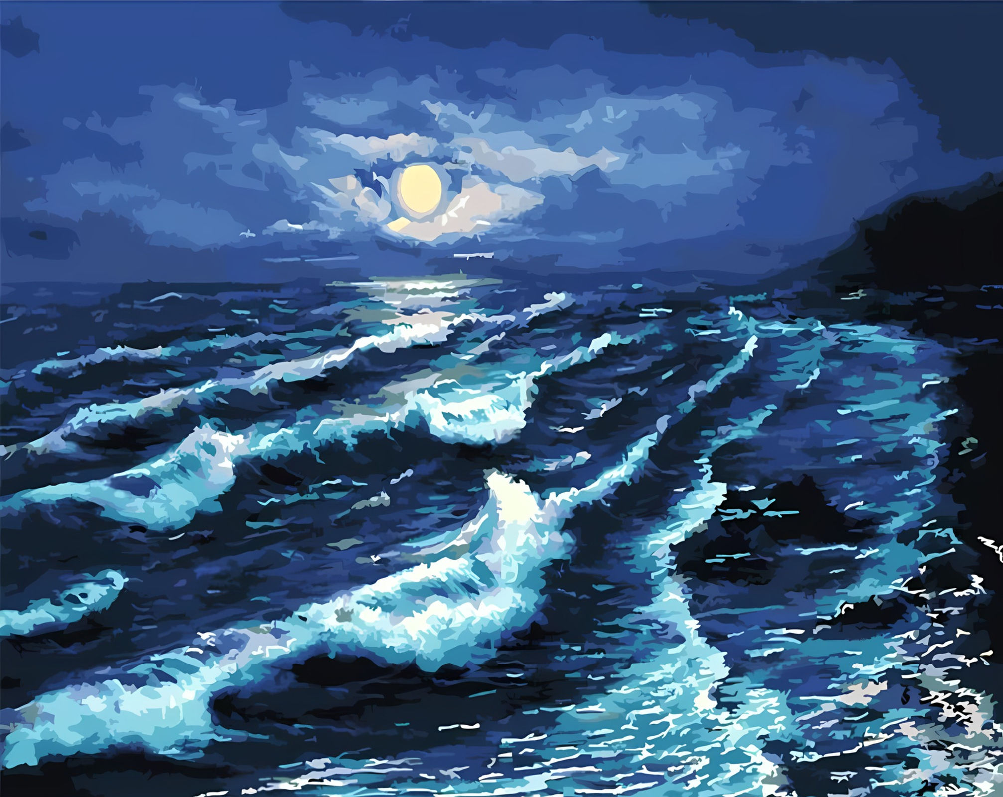 Night Scene Beach with Moon and Waves - 4/5 Complexity Paint by Numbers