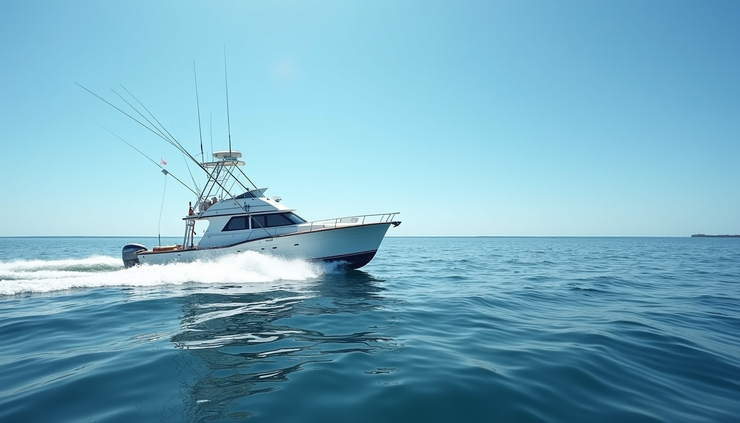 Wide angle view of a fishing boat cruising Nantucket waters with a clear blue sky