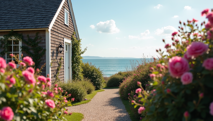 Eye-level view of a charming Nantucket cottage with rose-covered walls and ocean in the background