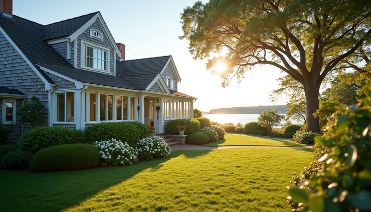 Eye-level view of a charming Nantucket coastal home with a well-maintained garden