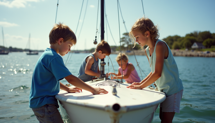 Eye-level view of a sailboat on Nantucket harbor with kids preparing to set sail
