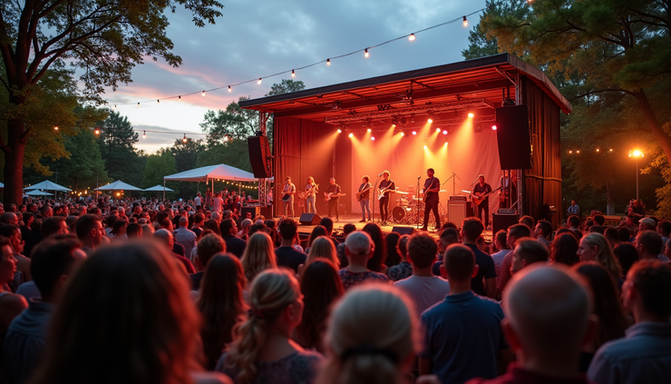 Eye-level view of outdoor stage at Cisco Brewery with crowd enjoying live music