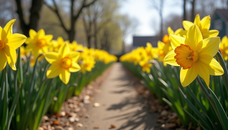 Eye-level view of colorful daffodils blooming along a Nantucket garden path