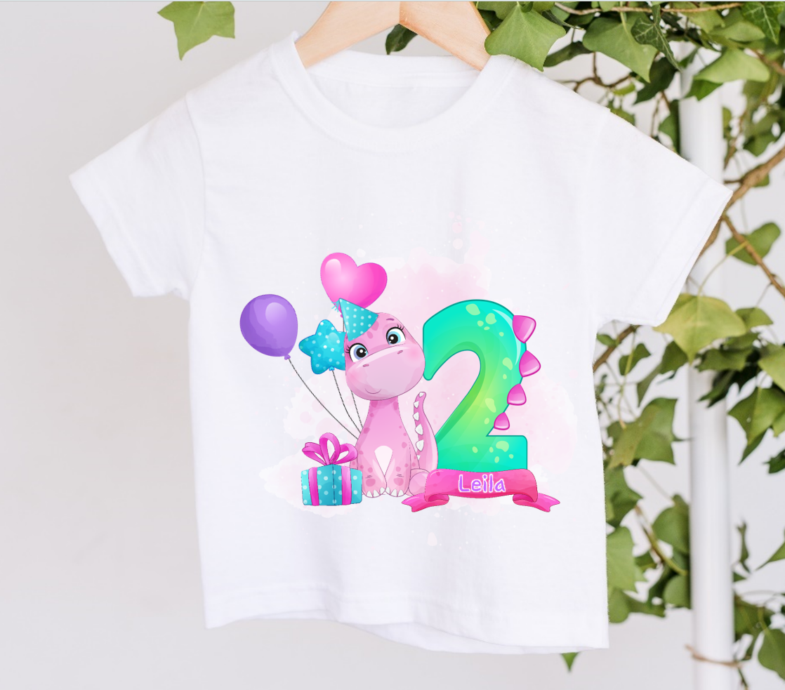 Personalised Girls Dinosaur 2nd Birthday T-Shirt Age 2