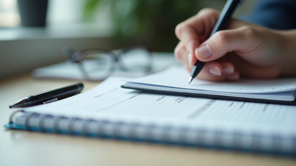 Eye-level view of a notebook and insurance documents