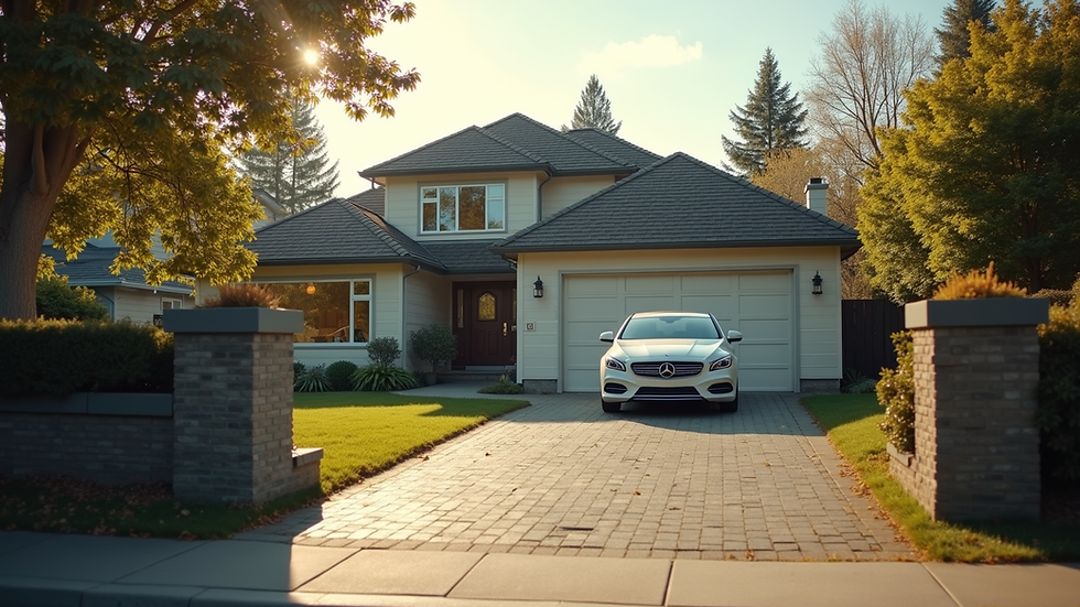 Eye-level view of a suburban home with a car parked in the driveway