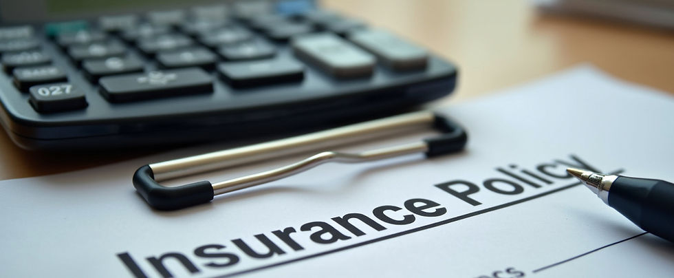 Close-up view of insurance policy documents and a calculator on a desk