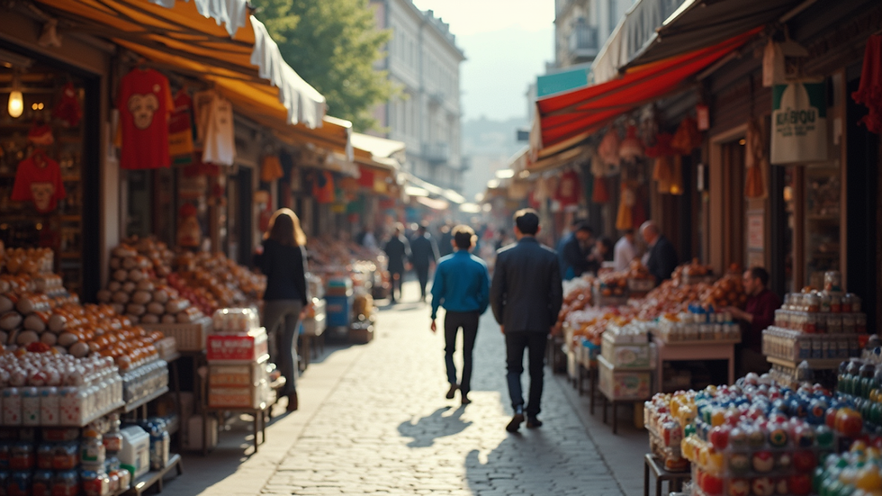 Wide angle view of a colorful market in Tbilisi