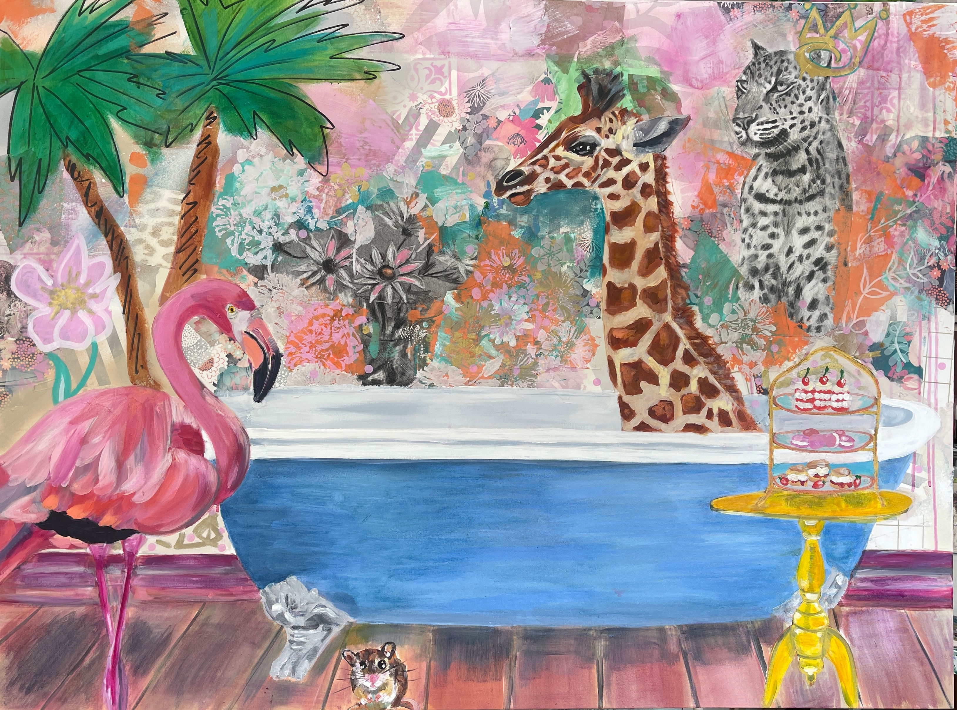 Whimsical painting of a giraffe in a blue clawfoot bathtub, with a pink flamingo, crowned leopard, and tiered tea cakes in a