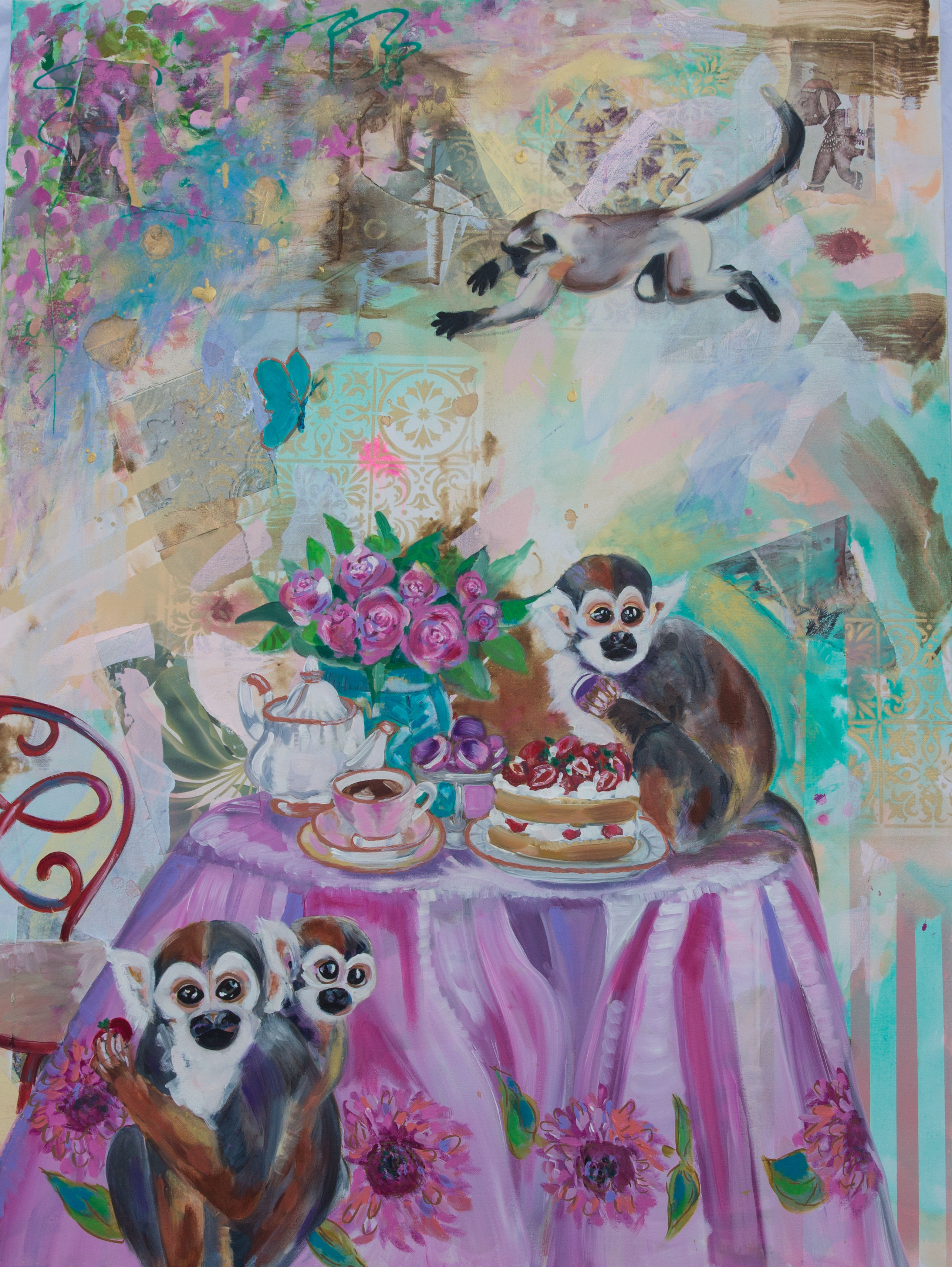 Whimsical painting of monkeys and lemurs gathered at a pink jungle tea party with flowers, cakes, and tea, featuring mother a