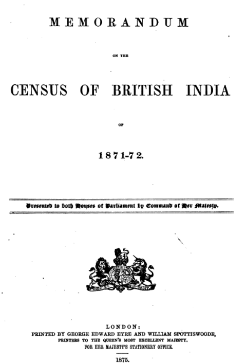 (Cover page of 1872 Census report Memorandum)