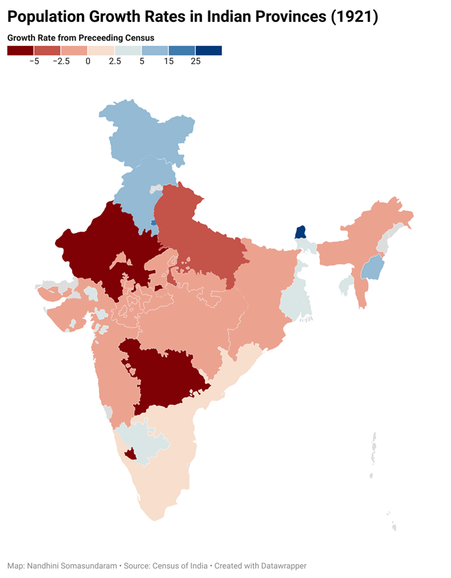 Map of Decadal growth rates by province at the 1921 census. Deep red marks absolute decline. (Map: Nandhini Somasundaram; Data Source: Marten, 1924.)