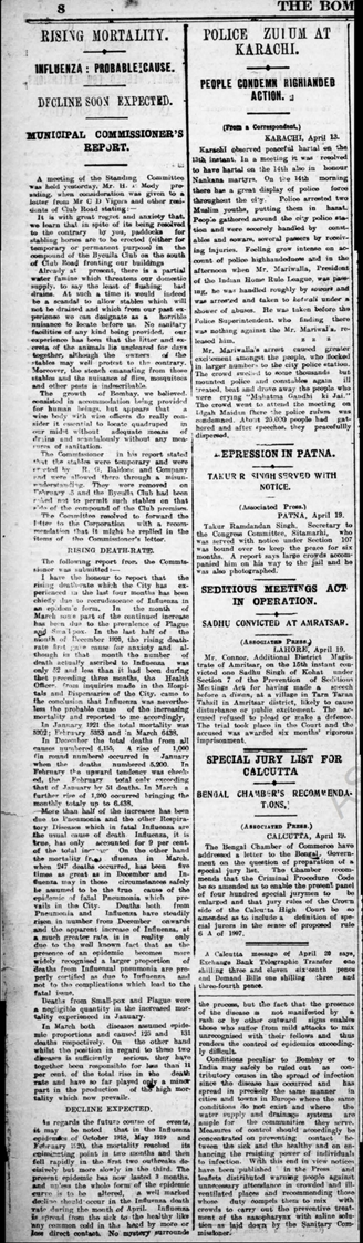 Reporting on rising mortality and the influenza in The Bombay Chronicle. (Source: Wikimedia Commons.)