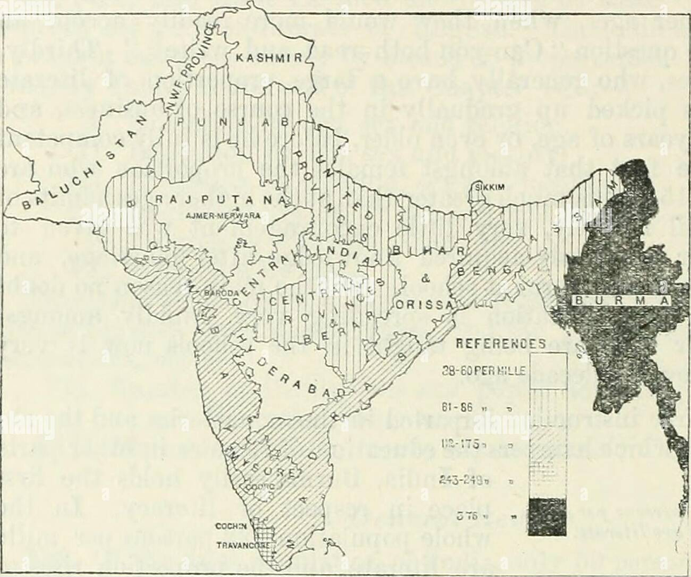 (Map showing the number of males per mille who are literate. Source: Gait, 1913)