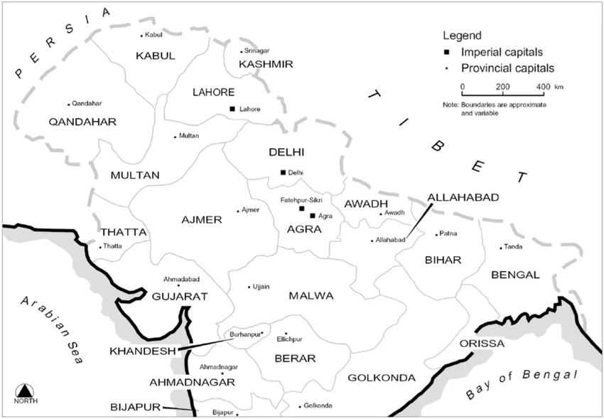 (Map of Mughal Provinces. Source and Credit: Wescoat, J.L., Bramhankar, R., Murty, J.V.R. et al. (2021)