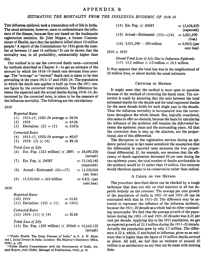 Appendix B, ‘Estimating the Mortality from the Influenza Epidemic of 1918–19’, from Davis (1951).