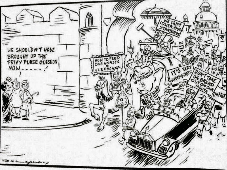 (A cartoon by R. K. Laxman on Princes agitation on privy purse abolition. Source: RK Laxman blog)
