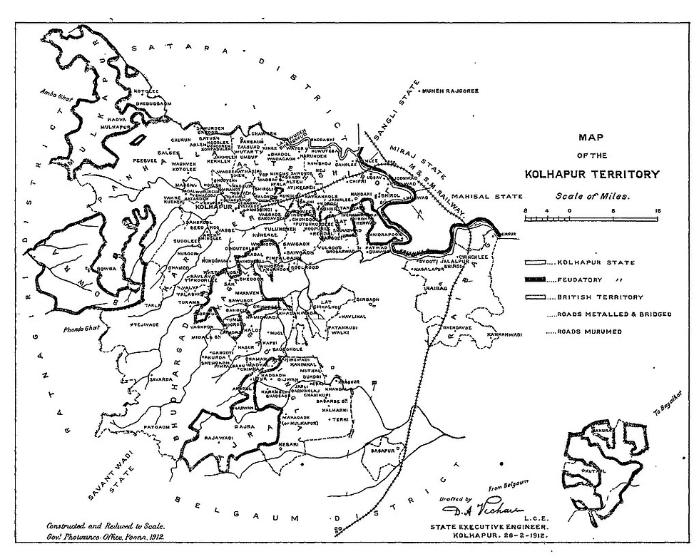 (Map of Kolhapur state, 1916. Source: Report on the General Administration of the Kolhapur State, for the year 1915-16 to 1918-19)