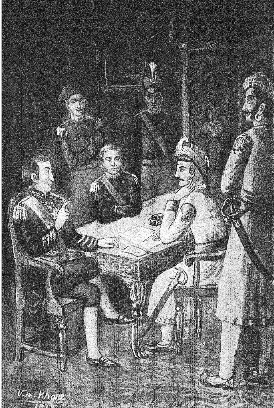 (Baji Rao II signing the Treaty of Bassein, by VM Khare. Source: Wikimedia Commons)
