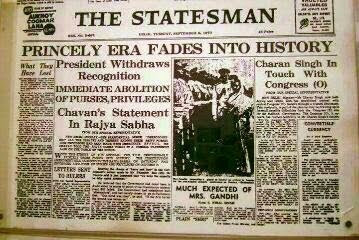 (Newspaper headline about privy purse abolition. Source: The Statesman Archive)