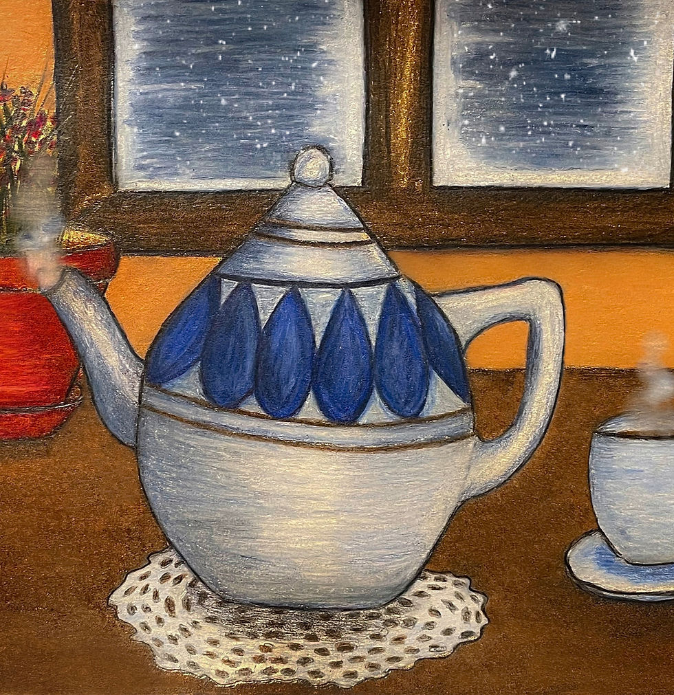 vintage Scandinavian kitchen interior illustration with teapot and snow outside window