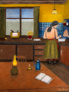 Vintage Danish kitchen illustration woman baking bread warm yellow interior Liv Hansen