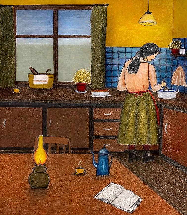 Danish kitchen illustration vintage scandinavian interior woman cooking