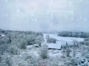 Winter scene captured by Danish illustrator Liv Hansen — quiet snow-covered countryside seen from a train window.
