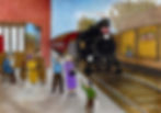 Illustration by Liv Hansen of a vintage Danish train platform, with passengers, a child, and soft autumn tones. Colored pencil on paper.