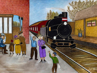 Narrative art by Danish illustrator Liv Hansen — quiet train station scene inspired by mid-century Denmark and classic Matador atmosphere
