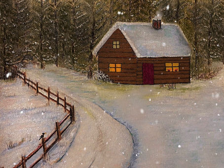scandinavian winter illustration of a house and snow landscape