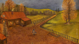Vintage-inspired drawing by Danish illustrator Liv Hansen, capturing a quiet autumn moment in Denmark during the 1940s.