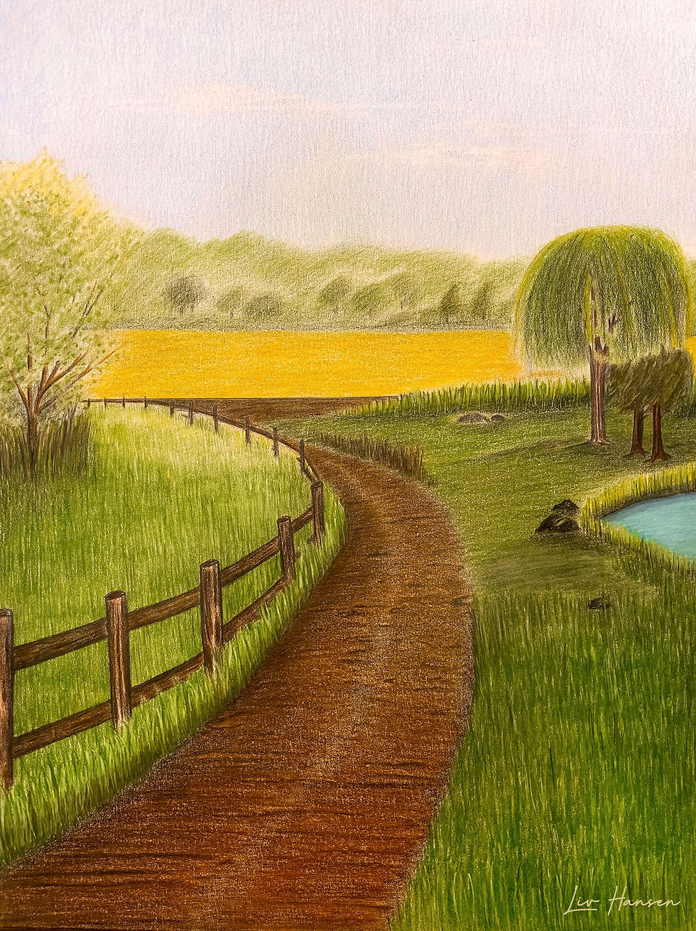 Colored pencil landscape drawing by Danish illustrator Liv Hansen.