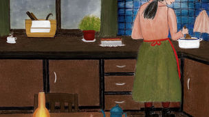 danish vintage kitchen wall art depicting a woman in traditiona danish vintage clothes baking in front on an autumnal window.