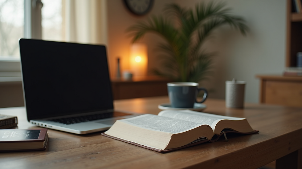 Eye-level view of a cozy home office setup with a laptop and a Bible