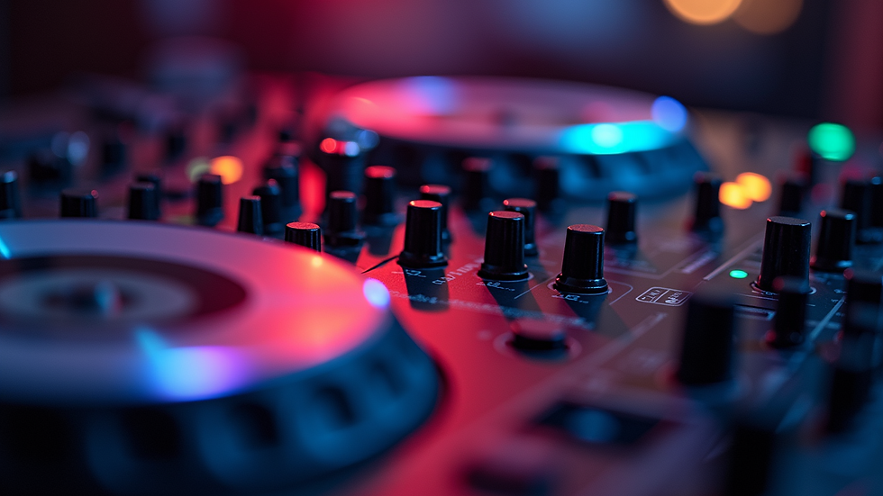 Close-up view of DJ equipment with colorful lights