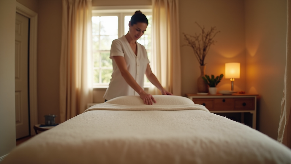 Eye-level view of a massage therapist setting up a massage table in a cozy home room