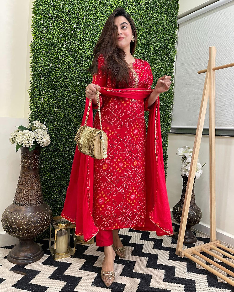 Thumbnail: red color kurta with pant and dupatta