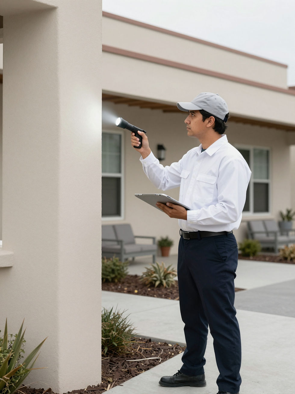 Pest control inspector looking at the outside of a commercial building.