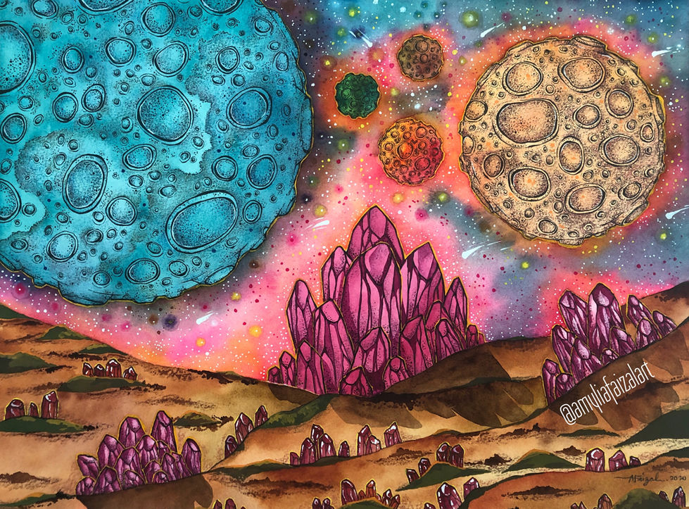 crystals and planets watercolour abstract nature painting