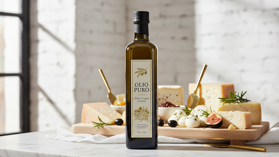 Vue rapprochée d'une bouteille d'huile d'olive extra vierge avec un plateau de fromages variés