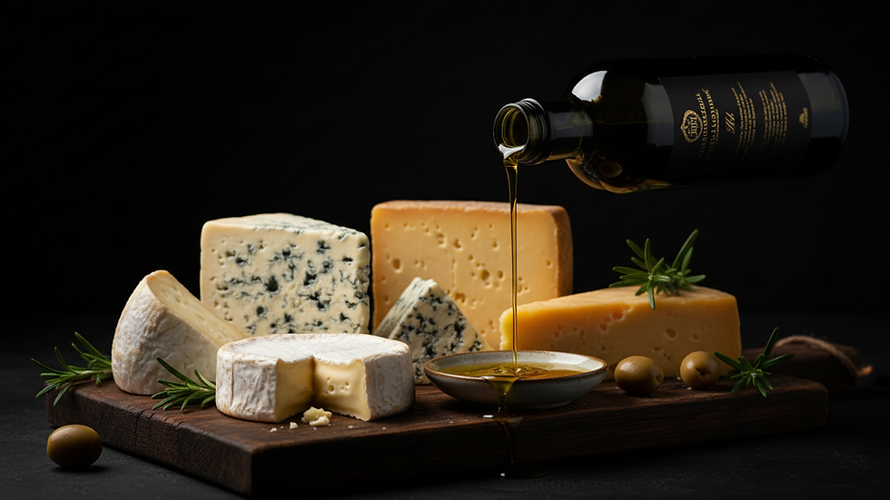 Vue rapprochée d’un plateau de fromages variés avec une bouteille d’huile d’olive