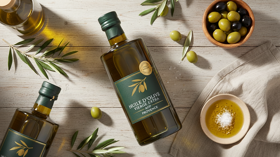 Vue en plongée d'une bouteille d'huile d'olive AOP française sur une table en bois