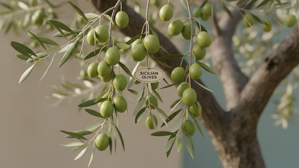 Vue rapprochée d'olives vertes sur un arbre en Sicile